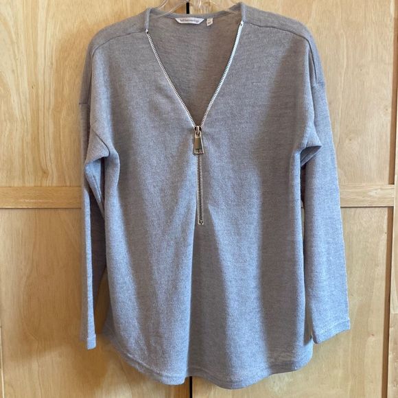 Soft Surroundings Sweaters - Soft Surroundings Women's Stone Tan Valentina Zip Long Sleeve Sweater V-Neck SZM